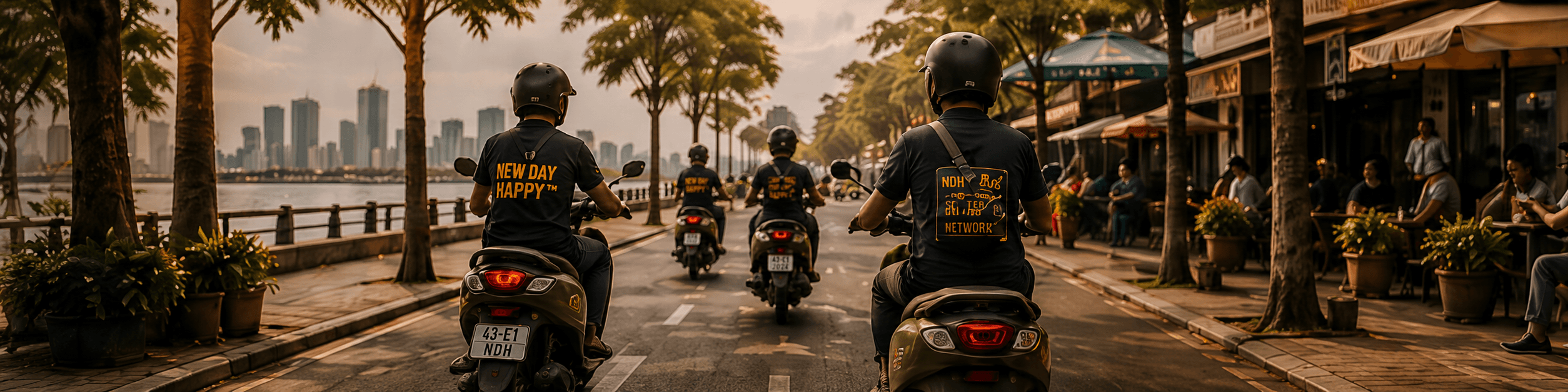 Group riding scooters along Da Nang riverfront